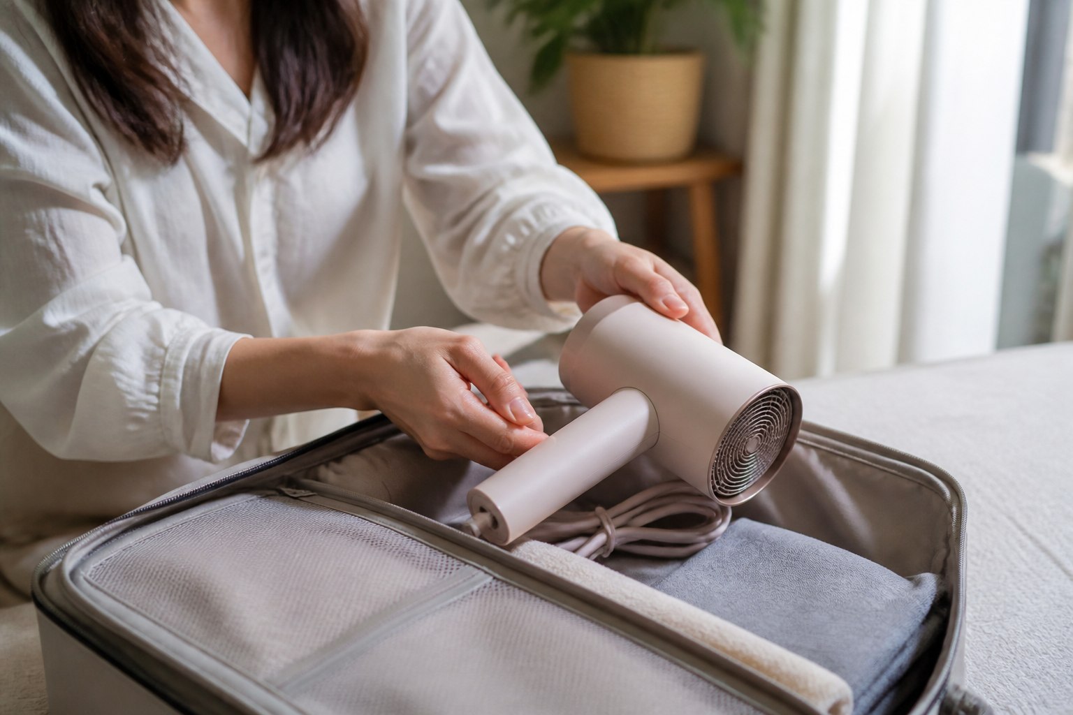 ヘアドライヤーの新製品｜Dyson Supersonic™ Travel セラミックピンクの特徴と旧モデルとの違いの利用シーンをイメージした画像